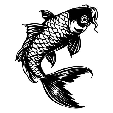 Zarif siyah koi balığı çizimi. Karmaşık detaylar. Suda zarif bir hareket ve güzellik sergiliyor.