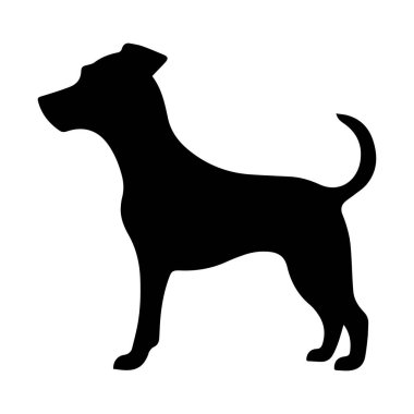 Beyaz arka planda duran bir köpeğin siyah silueti köpek özelliklerini ve oyuncu duruşunu gösteriyor.