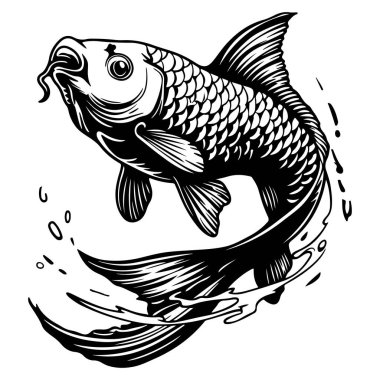 Suda Yüzen Zarif Koi Balığı Dinamik Su Sıçratma ve Göz Algılayıcı Siyah ve Beyaz Çizimde Detaylı Ölçekler