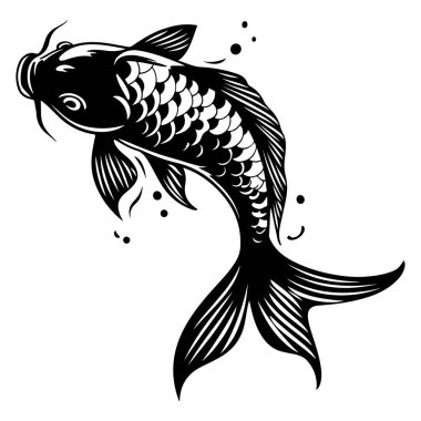 Zarif Siyah ve Beyaz Koi Balığı Tasarımı Ayrıntılı Ölçekler ve Sanat ve Doğa Çizimleri İçin Akan Yüzgeçler