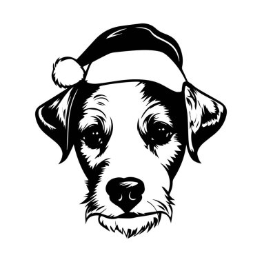 Noel Baba şapkası takan sevimli bir köpek. Neşeli bir yüz ifadesi var. Tatil sezonu için mükemmel.