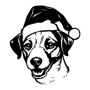 Bayram tezahüratı için Noel Baba Şapkası Giyen Sevimli Köpek ve Siyah-Beyaz Tasarım Kutlamaları için Neşeli Ruh