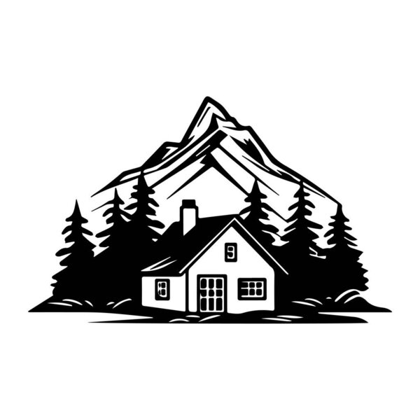 Scenic monochrome illustration of a cozy cabin nestled among tall pine trees in front of a majestic mountain backdrop