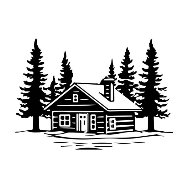 Rustic Log Cabin Surrounded by Tall Evergreen Trees in a Serene Natural Landscape Design for Scenic Wilderness Themes