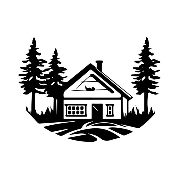 Black silhouette of a rustic cabin surrounded by tall pine trees, showcasing nature and tranquility in a minimalist design