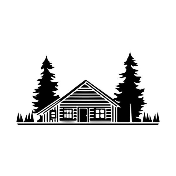 Cozy log cabin silhouette surrounded by tall trees in a natural setting ideal for outdoor and adventure themes