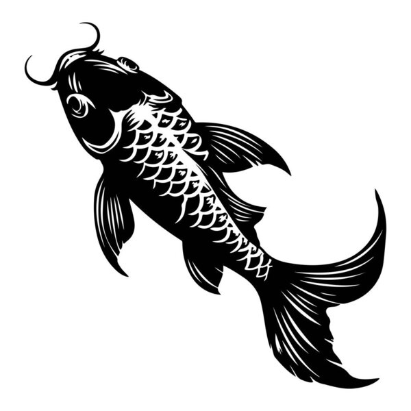 Элегантная черно-белая иллюстрация купания рыбы кои изящно в художественном стиле для декоративного использования