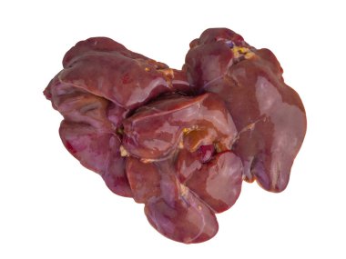 Taze tavuk ciğeri, çiğ sakatat, yemek için malzemeler, beyaz arka planda izole edilmiş. (kırpma yolu)    