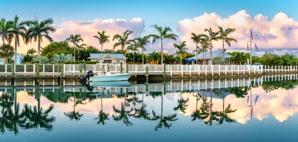 Peisaj Tropical Palmieri Reflectat Într Canal Răsărit Key West Florida — Fotografie, imagine de stoc
