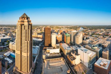 Aerial view of Des Moines, Iowa skyline. Des Moines is the capital and most populous city in the U.S. state of Iowa and it is the county seat of Polk County clipart