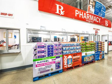 Wharton, NJ, USA - February 15, 2025: Pharmacy in a Costco store. Costco Wholesale Corporation, a membership only warehouse club, is the second largest retailer in USA. clipart