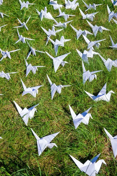 Japonlar taze çimlerin üzerinde Origami vinçlerini katladı. Yeşil alanda fotokopi alanı olan yüzlerce el yapımı kağıt kuş. 1000 bin vinç tsuru heykel konusu. Barışın, inancın, sağlığın, dileklerin ve umudun sembolü 