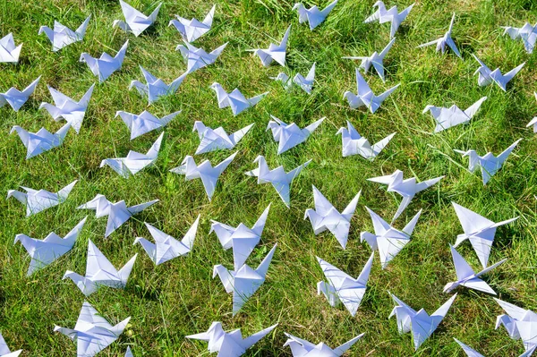 Japonlar taze çimlerin üzerinde Origami vinçlerini katladı. Yeşil alanda fotokopi alanı olan yüzlerce el yapımı kağıt kuş. 1000 bin vinç tsuru heykel konusu. Barışın, inancın, sağlığın, dileklerin ve umudun sembolü 