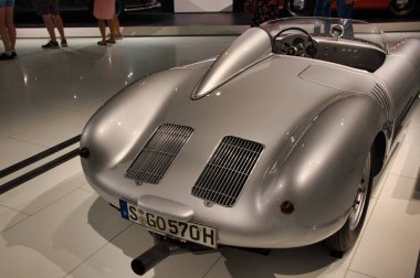 Stuttgart, Germany - July 5 2022: Historic collection of Porsche racing, sport and classic cars. Interior of Porsche automobile museum. Permanent exhibition of 911 targa, 961, Carrera coupe and others
