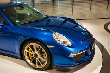 Stuttgart, Germany - July 5 2022: Historic collection of Porsche racing, sport and classic cars. Interior of Porsche automobile museum. Permanent exhibition of 911 targa, 961, Carrera coupe and others
