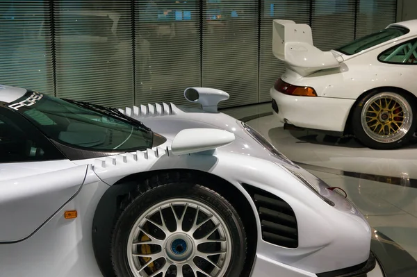 Stuttgart, Germany - July 5 2022: Historic collection of Porsche racing, sport and classic cars. Interior of Porsche automobile museum. Permanent exhibition of 911 targa, 961, Carrera coupe and others