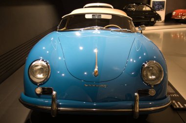 Stuttgart, Germany - July 5 2022: Historic collection of Porsche racing, sport and classic cars. Interior of Porsche automobile museum. Permanent exhibition of 911 targa, 961, Carrera coupe and others