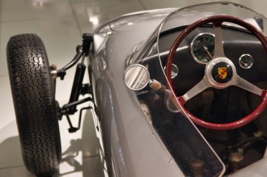 Stuttgart, Germany - July 5 2022: Historic collection of Porsche racing, sport and classic cars. Interior of Porsche automobile museum. Permanent exhibition of 911 targa, 961, Carrera coupe and others