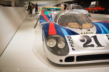 Stuttgart, Germany - July 5 2022: Historic collection of Porsche racing, sport and classic cars. Interior of Porsche automobile museum. Permanent exhibition of 911 targa, 961, Carrera coupe and others