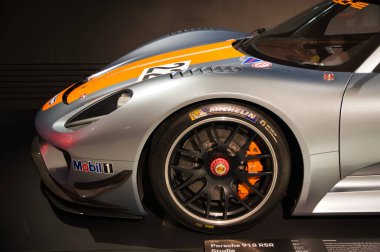 Stuttgart, Germany - July 5 2022: Historic collection of Porsche racing, sport and classic cars. Interior of Porsche automobile museum. Permanent exhibition of 911 targa, 961, Carrera coupe and others