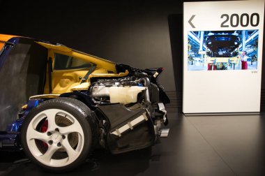Stuttgart, Germany - July 5 2022: Historic collection of Porsche racing, sport and classic cars. Interior of Porsche automobile museum. Permanent exhibition of 911 targa, 961, Carrera coupe and others