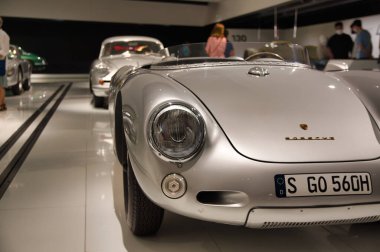 Stuttgart, Germany - July 5 2022: Historic collection of Porsche racing, sport and classic cars. Interior of Porsche automobile museum. Permanent exhibition of 911 targa, 961, Carrera coupe and others