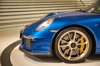 Stuttgart, Germany - July 5 2022: Historic collection of Porsche racing, sport and classic cars. Interior of Porsche automobile museum. Permanent exhibition of 911 targa, 961, Carrera coupe and others