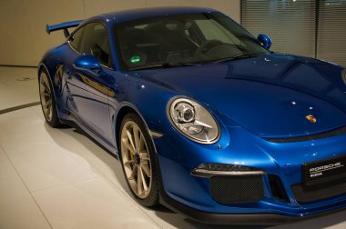 Stuttgart, Germany - July 5 2022: Historic collection of Porsche racing, sport and classic cars. Interior of Porsche automobile museum. Permanent exhibition of 911 targa, 961, Carrera coupe and others