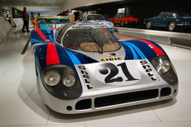 Stuttgart, Germany - July 5 2022: Historic collection of Porsche racing, sport and classic cars. Interior of Porsche automobile museum. Permanent exhibition of 911 targa, 961, Carrera coupe and others