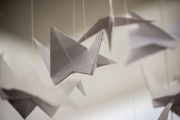 Japanese Folded Origami Cranes Hanging Strings Hundreds Handmade Paper Birds — Foto de Stock