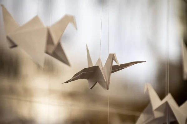 stock image Japanese folded Origami cranes hanging on with strings. Hundreds handmade paper birds isolated with copy space. 1000 thousand crane tsuru sculpture topic. Symbol of peace, faith, health, wishes, hope