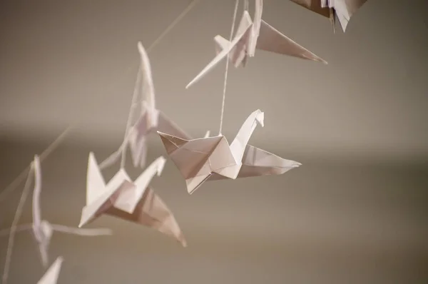 Japanese Folded Origami Cranes Hanging Strings Hundreds Handmade Paper Birds — Foto de Stock