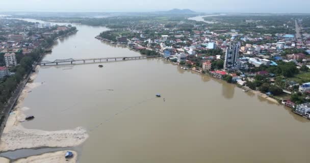 Backward Aerial Drone Footage Quantities Sand Increase Riverbank Width Kampot — Stock Video