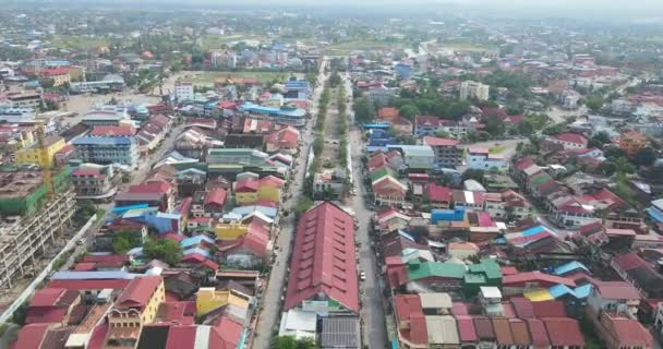 Flyga Över Huvudgatorna Kampot Stad — Stockvideo