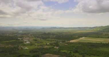 aerial drone footage of green plantations. Mountains as backdrop  