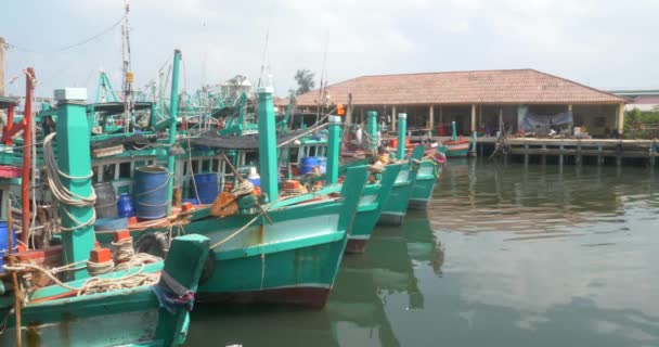 Brightly Colored Boats Sihanoukville Fishing Port Close — Stock Video