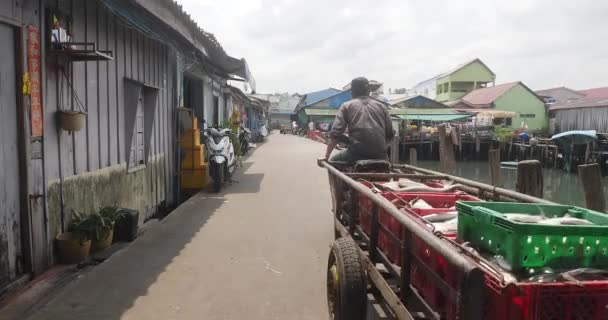 Sihanoukville Kambodscha 2023 Motorradanhänger Mit Einer Ladung Fische Kai — Stockvideo