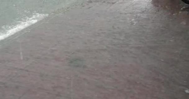Perto Chuva Pesada Inunda Uma Calçada Uma Rua — Vídeo de Stock