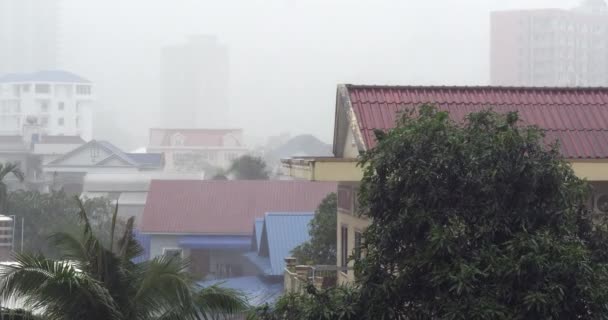 Проливной Дождь Густой Туман Окутали Один Районов Города — стоковое видео