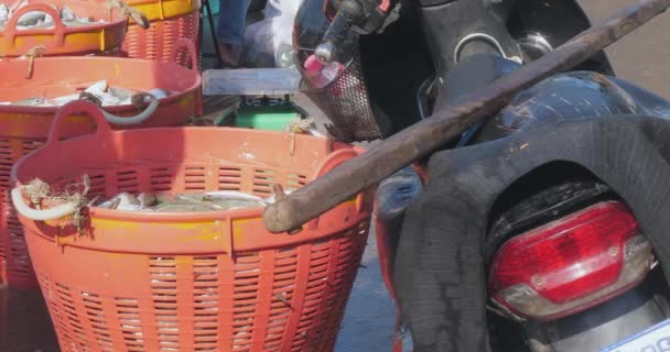 港のドックのバイクの隣にある魚のバスケット バスケットはバイクの後ろに置かれ 魚がレストランや市場に販売されるディーラーに運ばれます — ストック動画