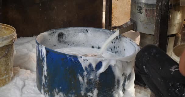 Κλείσιμο Του Μηχανήματος Παρασκευής Γάλακτος Σόγιας Κρεμώδες Υγρό Που Πέφτει — Αρχείο Βίντεο