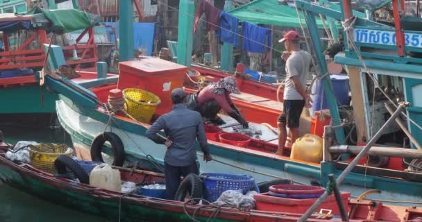 Sihanoukville Cambodja 2024 Verkoper Sorteert Weekdieren Het Dek Van Vissersboot — Stockvideo