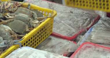 Bir balık satıcısının renkli bir yengeç karışımıyla dolu plastik bir sandığı bir karavana yerleştirirken yakın çekim görüntüsü.