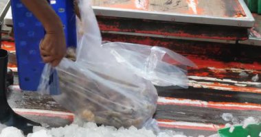 Balıkçı teknesinin güvertesinde temiz bir plastik torbayı karidesle dolduran bir balıkçıya yaklaş..