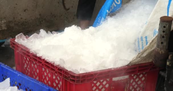 Kırık Buzla Dolup Taşan Kırmızı Plastik Bir Sandığın Yakın Görüntüsü Stok Video