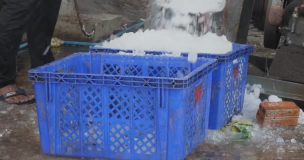 柬埔寨西哈努克维尔 2024 蓝色塑料板条箱被压碎的冰块溢出的近景 — 图库视频影像
