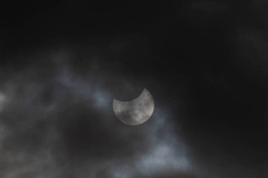 Bulutlu bir günde güneş tutulması. Bulutlu gökyüzü, kısmi tutulma sırasında güneş ince bir bulut tabakasının arkasından görülebilir. Güneşin üst kısmı ay tarafından gizlenmiş durumda. Güneşte benekler var..