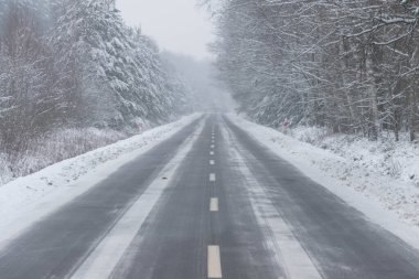 Sudety eteklerindeki asfalt yolda. Kış geldi, yol yüzeyi, zemin ve her iki tarafta büyüyen ağaçların taçları karla kaplı..