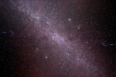 Gece bulutsuz gökyüzü. Parlayan yıldızların takımyıldızları ve galaksileri oluşturduğunu görebilirsiniz..