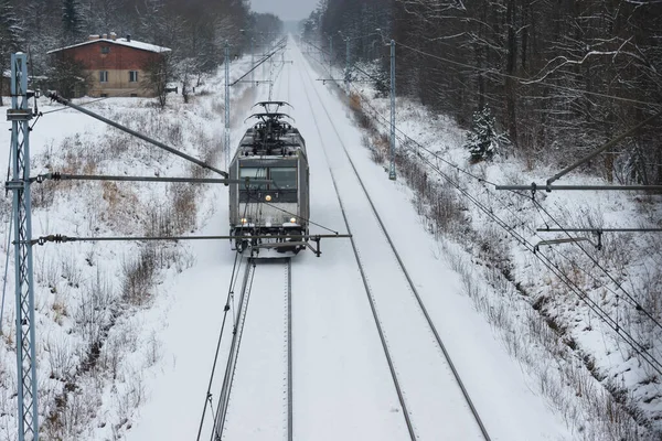 双轨铁路 两边都有一片森林 地面和树上覆盖着一层白雪 火车头在铁轨上运行 — 图库照片